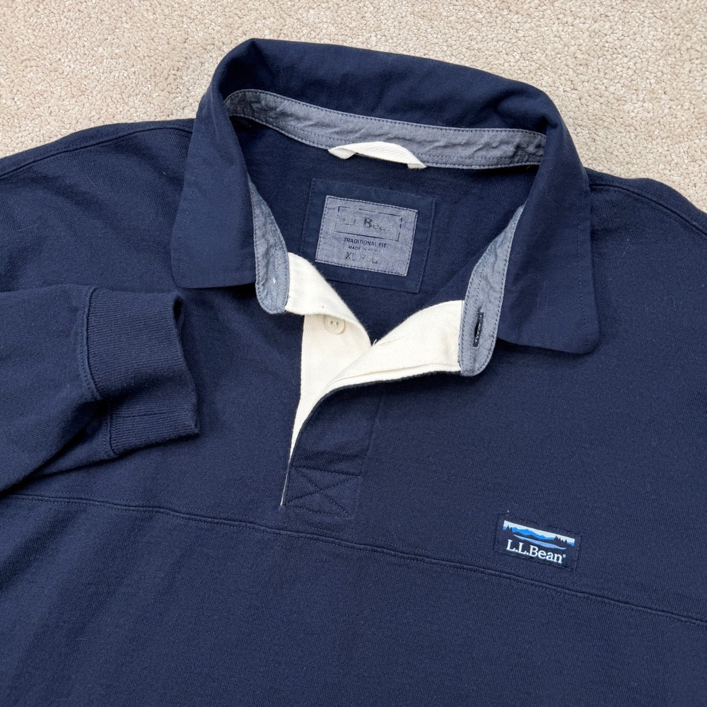 LL Bean Mens XL Long Sleeve Rugby Polo Shirt Navy Blue Traditional Fit